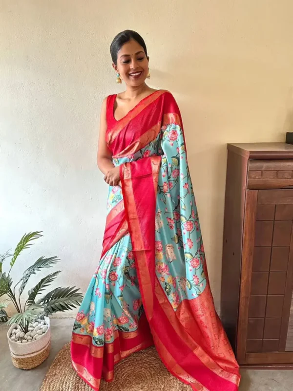 Floral Gadwal Silk Saree with Bold Red Pallu - Image 2