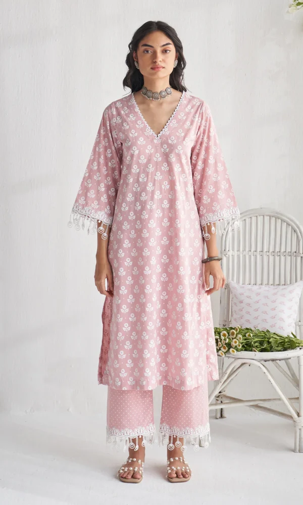 Gulmohar khari dusty pink block printed straight kurta with palazzo and dupatta ( set of 3) - Image 3