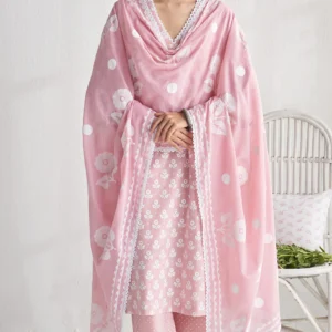 Gulmohar khari dusty pink block printed straight kurta with palazzo and dupatta ( set of 3)