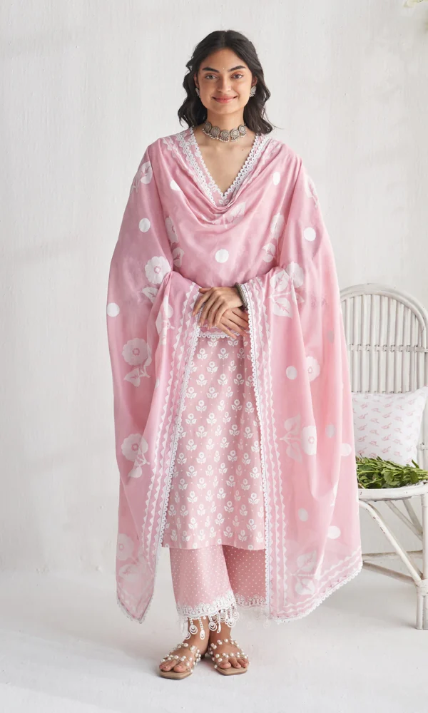 Gulmohar khari dusty pink block printed straight kurta with palazzo and dupatta ( set of 3)