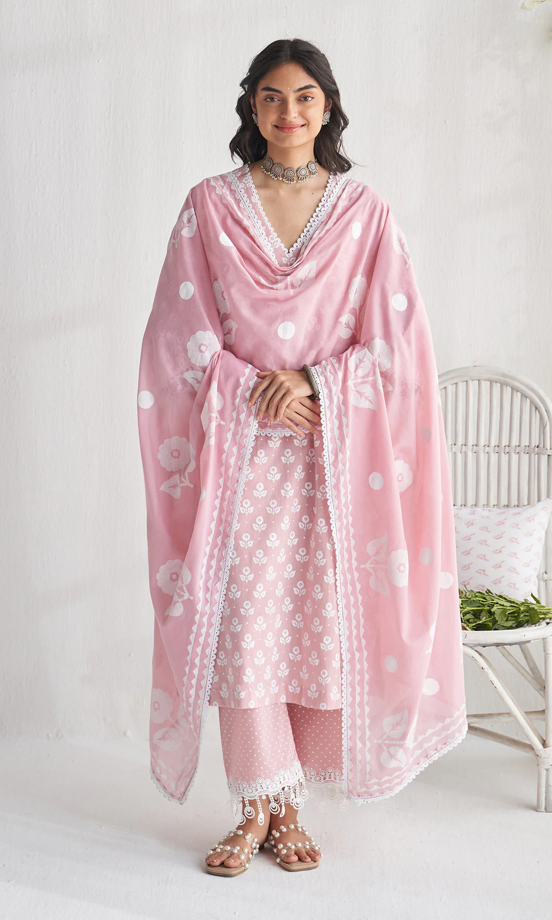 Gulmohar khari dusty pink block printed straight kurta with palazzo and dupatta ( set of 3)