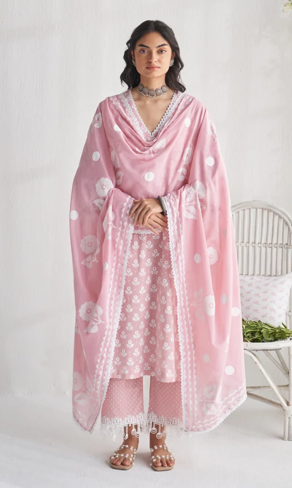 Gulmohar khari dusty pink block printed straight kurta with palazzo and dupatta ( set of 3) - Image 2